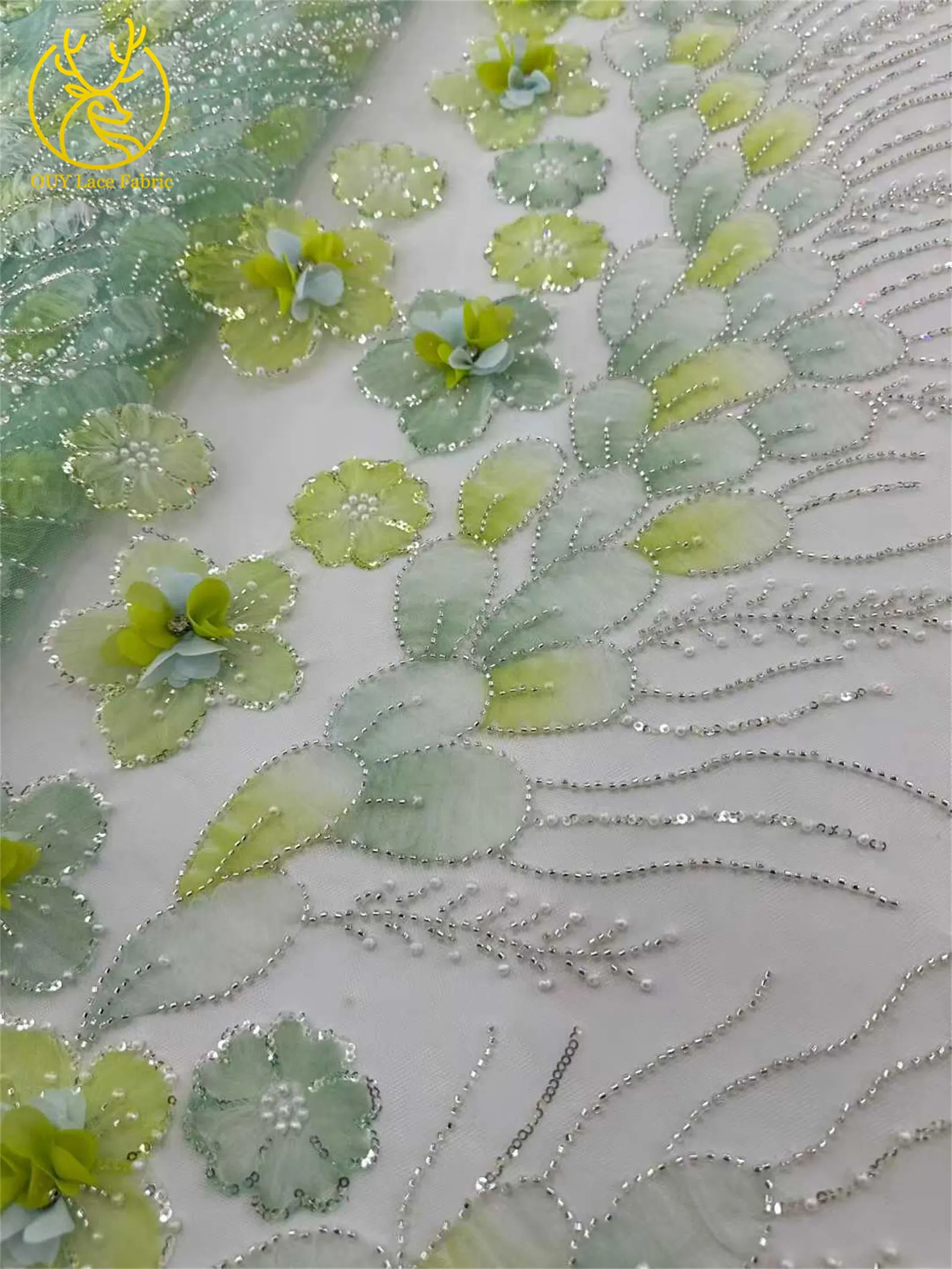 3D-Mesh-Blumen Silber Perlenbesetzter Hochzeitskleid-Spitzenstoff 2026 Afrikanische Französische Pailletten-Stickerei Tüll für Brautparty-Näharbeiten – Detail 7