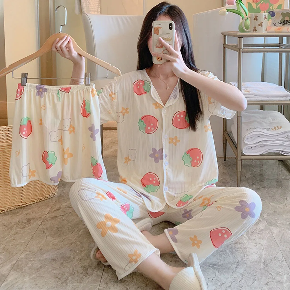 Trendy Women Pajama 3 Piece Outfit featuring Cute Cartoon Bow Design Comfortable Short Sleeve Top paired with Long Pants