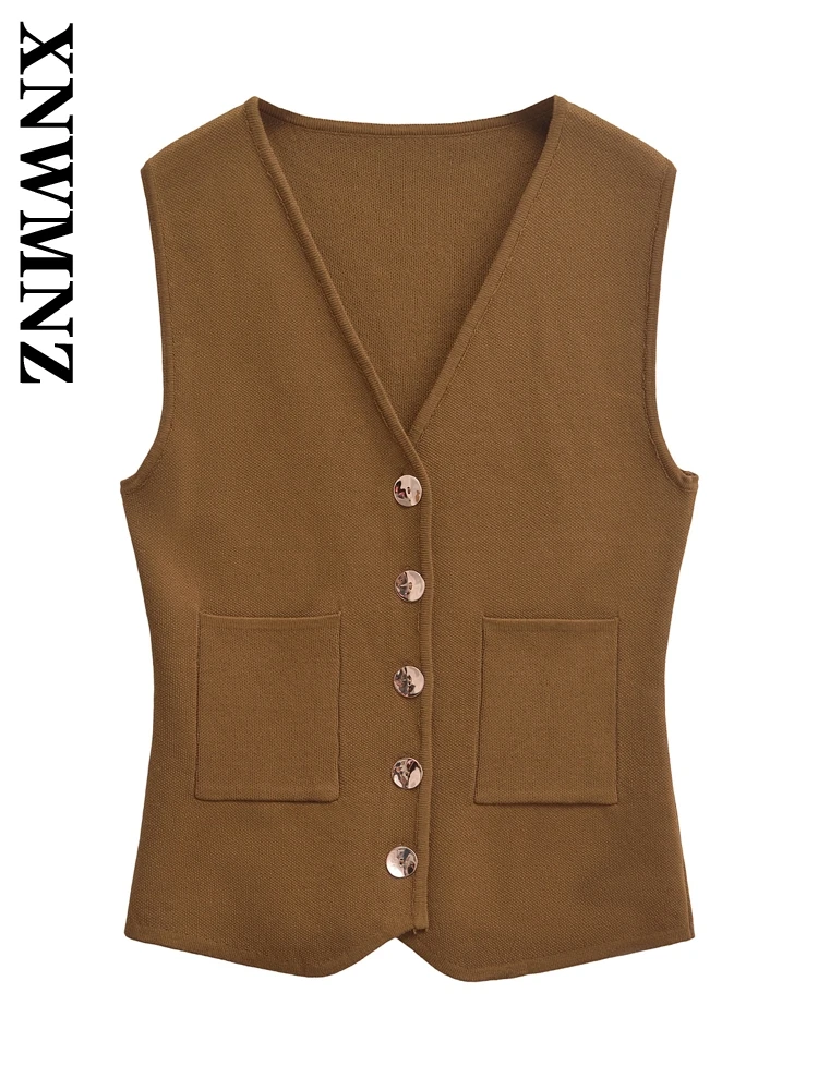 XNWMNZ 2024 New Autumn Woman Casual Solid Color Knit V-Collar Cardigan Vest Female Vintage Sleeveless Single-breasted Gilet Top