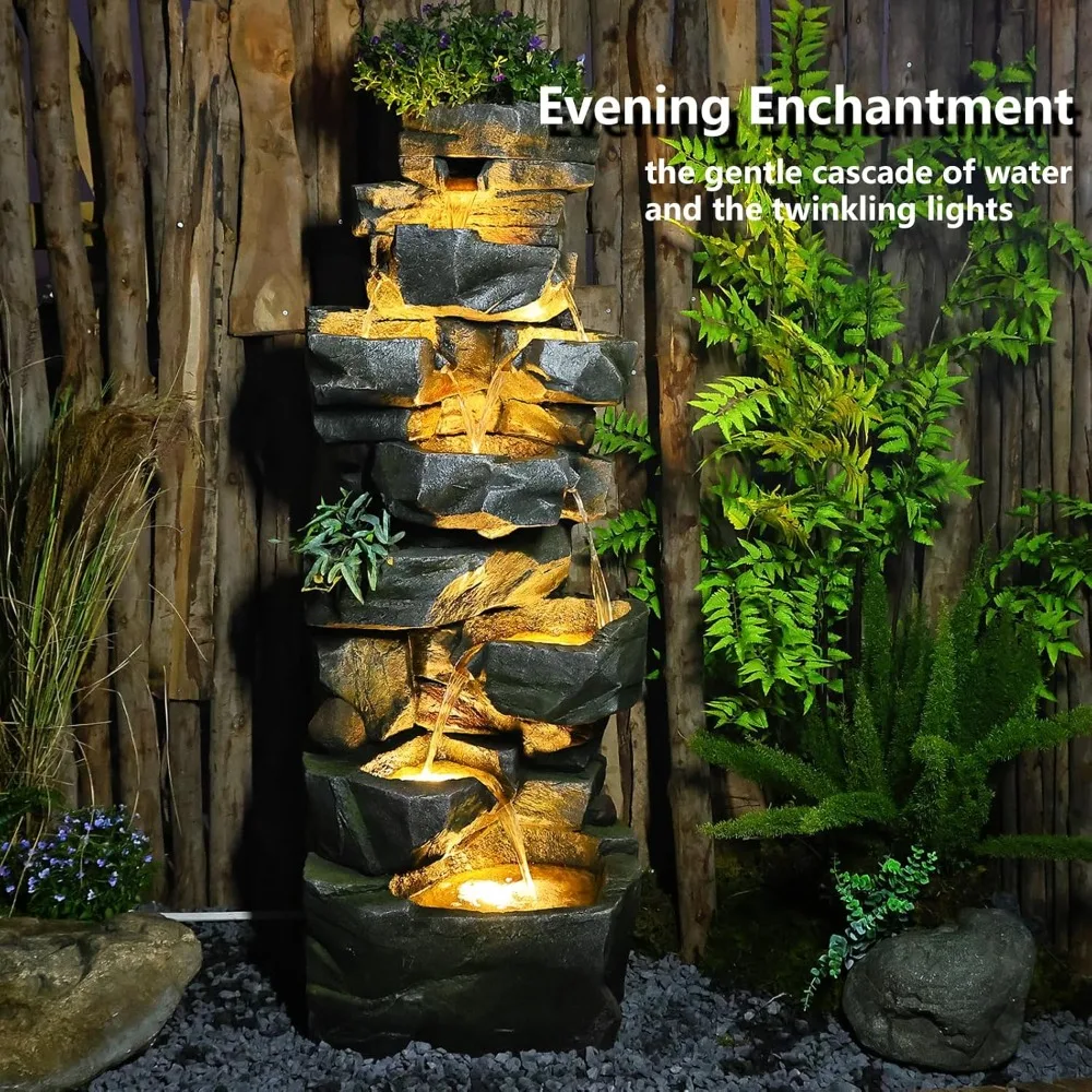 

58" H Fountain 6-Tiers Large Cascading Rock Natural Waterfall Outdoor Fountain with LED Lights for Garden, Patio, Bird Bath