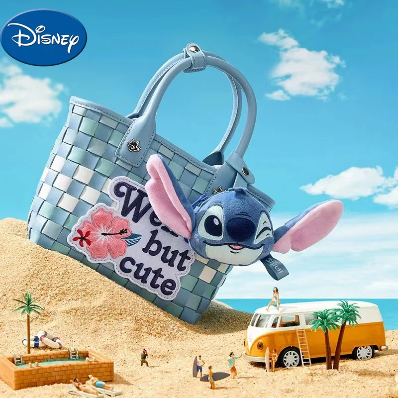 

Disney 2024 new straw bag Stitch fashion high quality women hand shopping bag cartoon cute little fresh girl beach shoulder bag