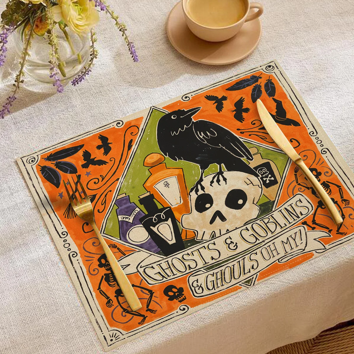 4PCS Halloween Placemat Spider Web Pumpkin Bat Decoration Tablemat Halloween Restaurant Holiday Decor Props Heat Insulation Mat