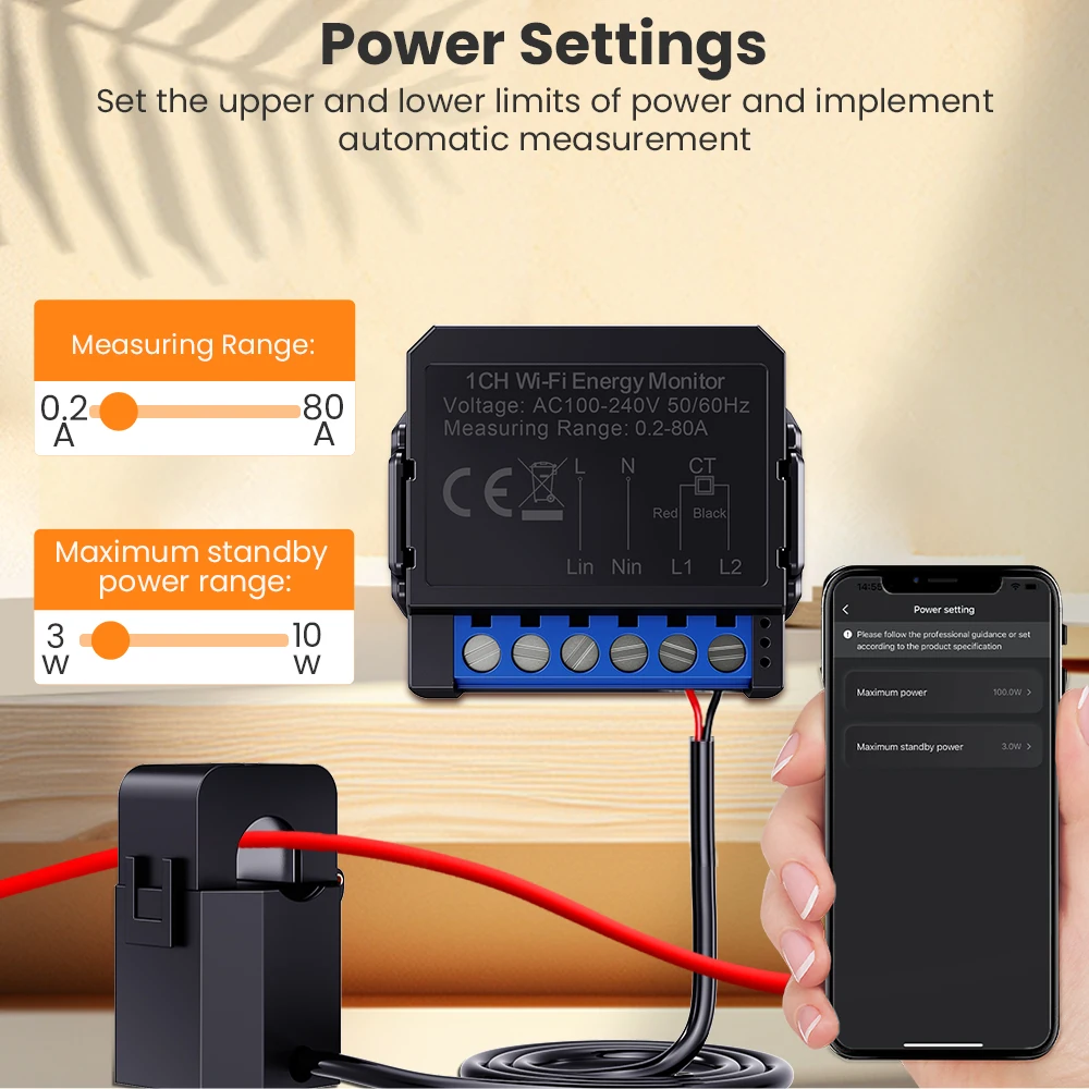 MIUCDA Tuya Smart Wifi Energy Meter 1 Channel with Current Transformer Clamp App Monitor Power 80A 110V/240V 50/60Hz