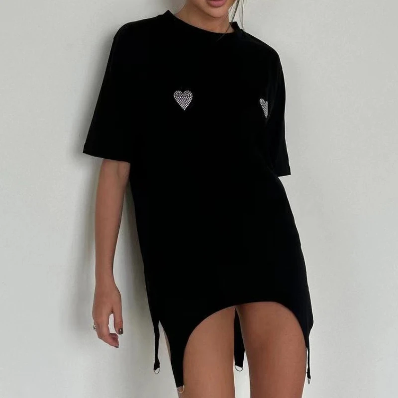 Spring Summer Women Irregular Hot Drilling Gradient Print Short Sleeve T Shirt Loose Vintage Casual Tops Woman Harajuku Y2K Punk