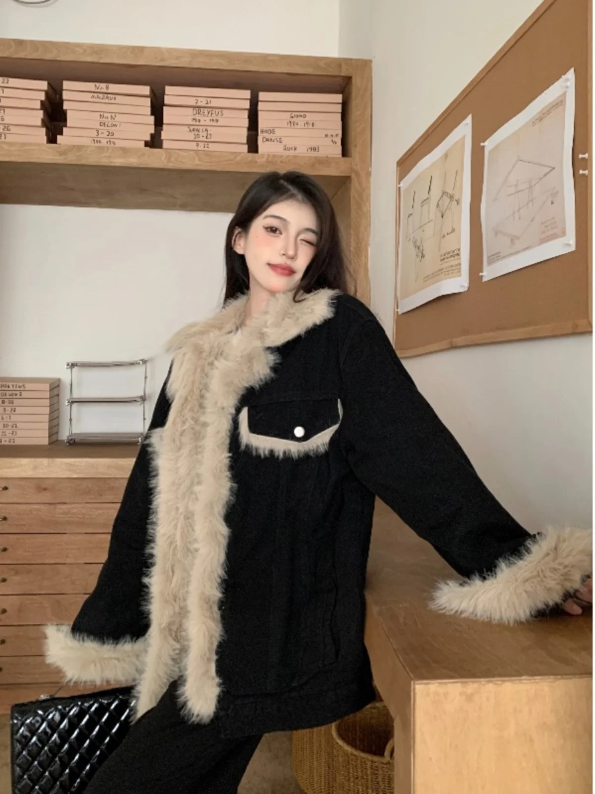 Black Cotton Jacket With Thickened Cotton Jacket For Women's Winter Warmth, Loose Fit, Medium Length Woolen Patchwork Denim Coat