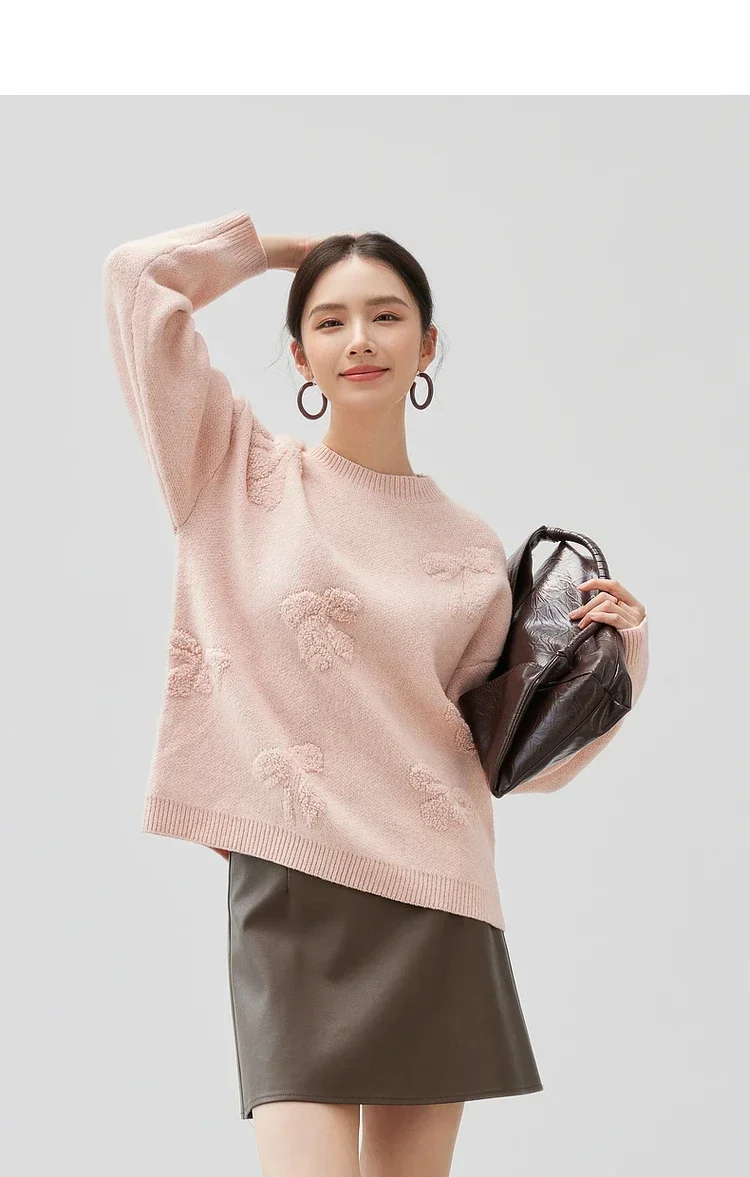 SENTUBILA Pink Jacquard Knitted Pullovers for Women Winter 2024 Wool Loose Fit Round Neck Sweet Long Sleeve Top Ladies W44E57235