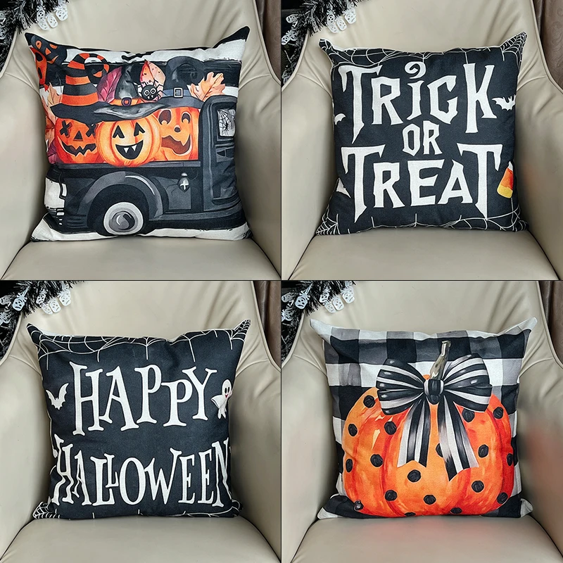 

4pcs Halloween Throw Pillow Covers Pumpkin Print Sofa Cushion Cover Indoor Outdoor Home Decorative Pillowcase Festival Supplies