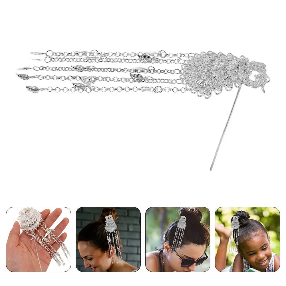 

2Pcs Peacock Hairpins with Chain Vintage Thai Laotian Style Elegant Cultural Hair Stick for Bun Updo Bridal Hanfu Asian Hair