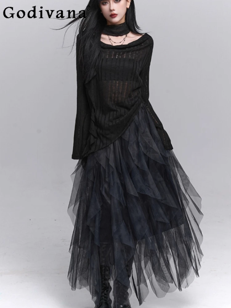 

Autumn Korean Black V-neck Women Thin Long Sleeve Loose Top Fashion Sexy Versatile Age-reducing Street Personality Hollow Blouse