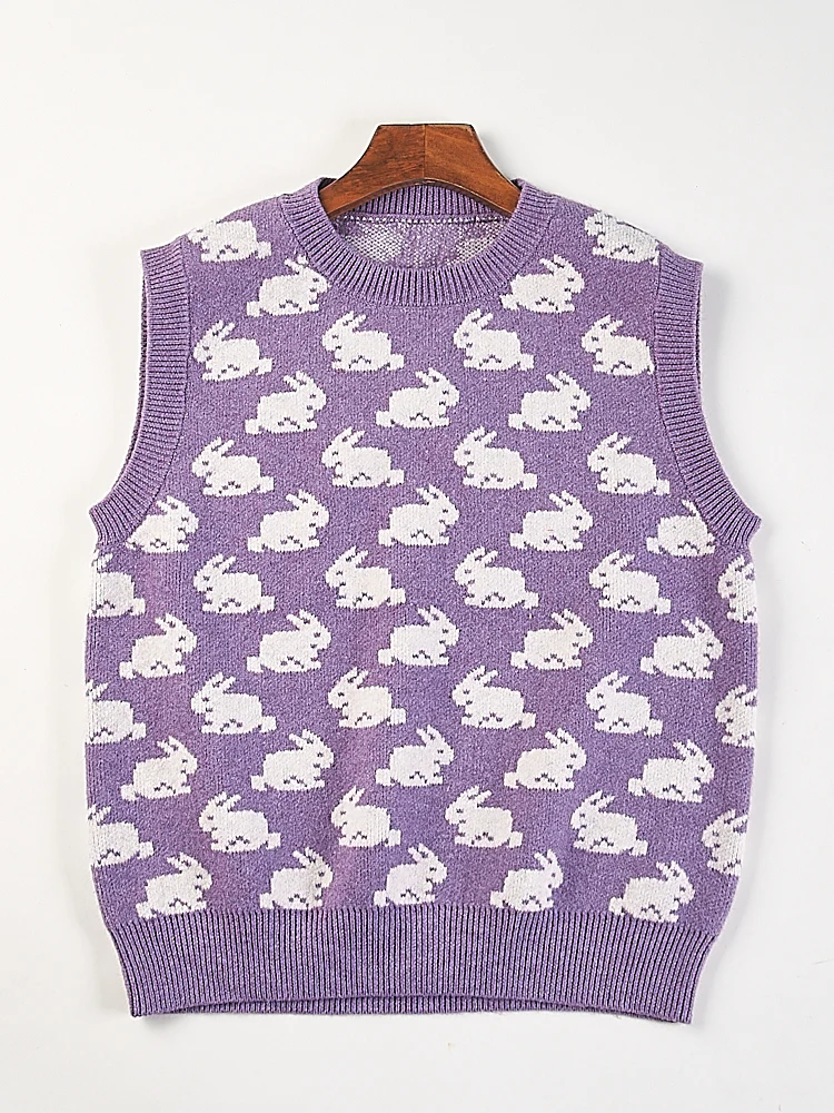 

Premium Korean Sle Knitted Vest Women's Svel round Ne Pullover Warmth Color Faionable Rabbit Embroidery
