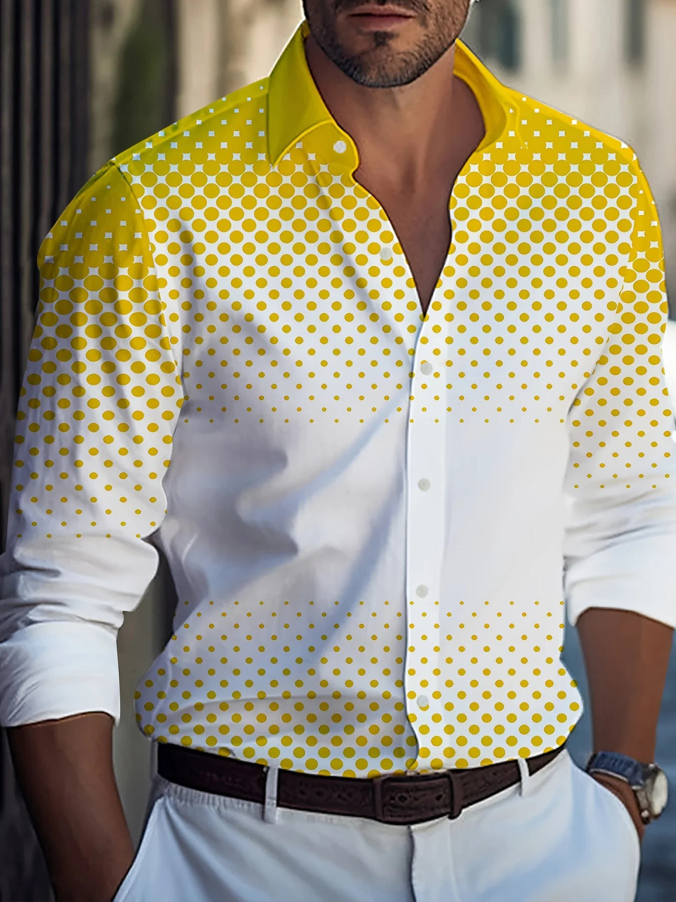 

A large size men's casual polka dot print shirt - lapel design, spring and autumn, three-dimensional print long sleeve top