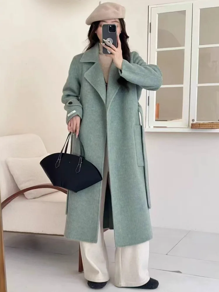 ZMEENNA élégant femmes gris foncé laine mélange Long manteau avec revers col cravate ceinture chaud vêtements de sortie d'hiver décontracté ZM3499