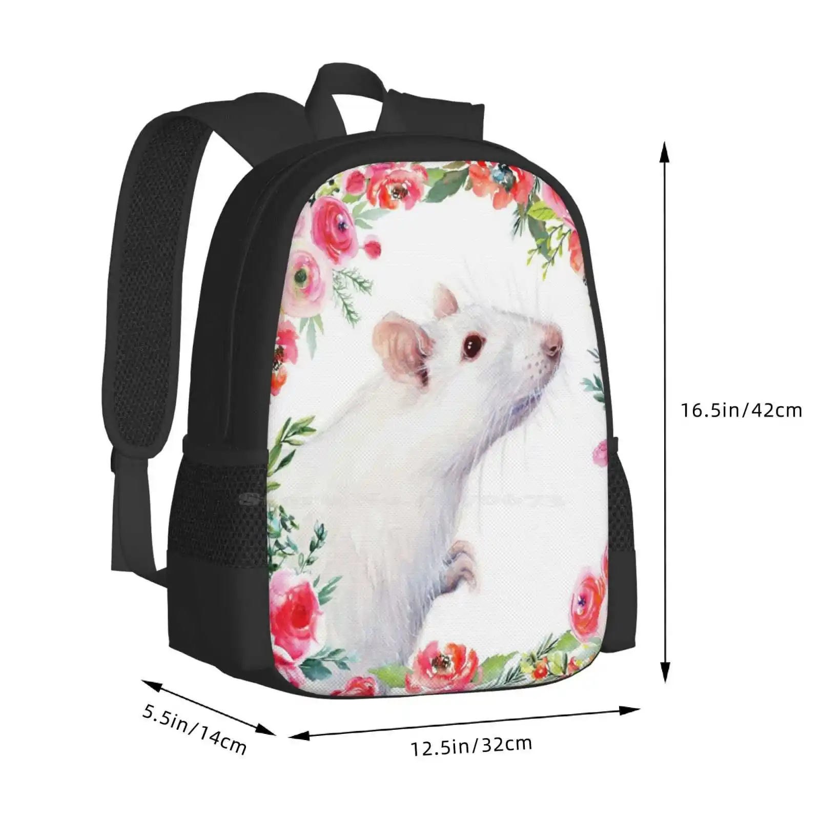 White Rat And Red Flowers Watercolor Floral Animal Fashion Pattern Design Travel Laptop School Backpack Bag White Rat Floral