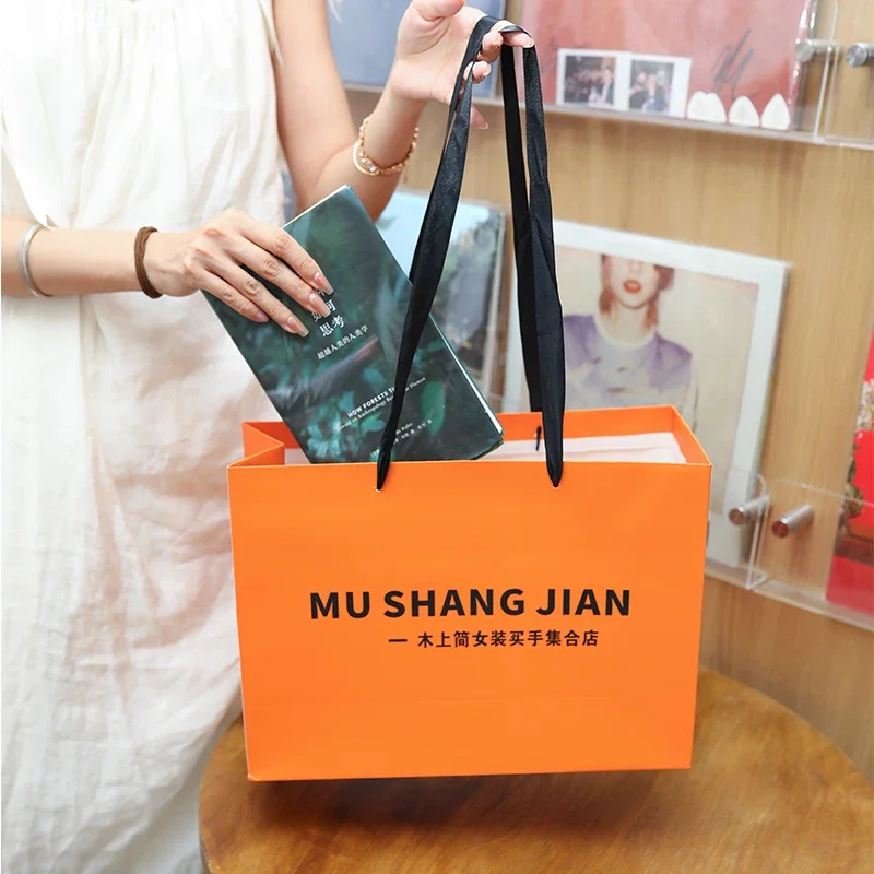 50pcs Personalized Paper Tote Bag Custom Printing Logo Clothing Gift Packaging Cosmetics Shopping Bag