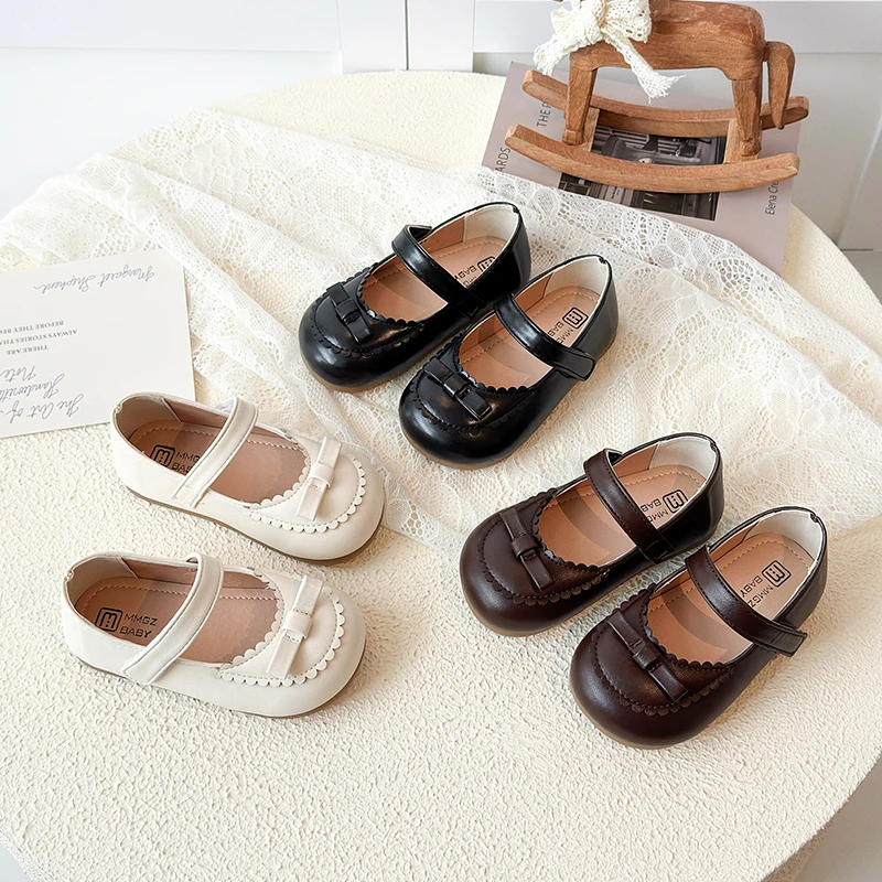

2026 Little Girls Shoes Spring Autumn Kids Soft PU Leather Shoes For Girl School Mary Jane Cute Sweet Flats Shoes Brown, Beige