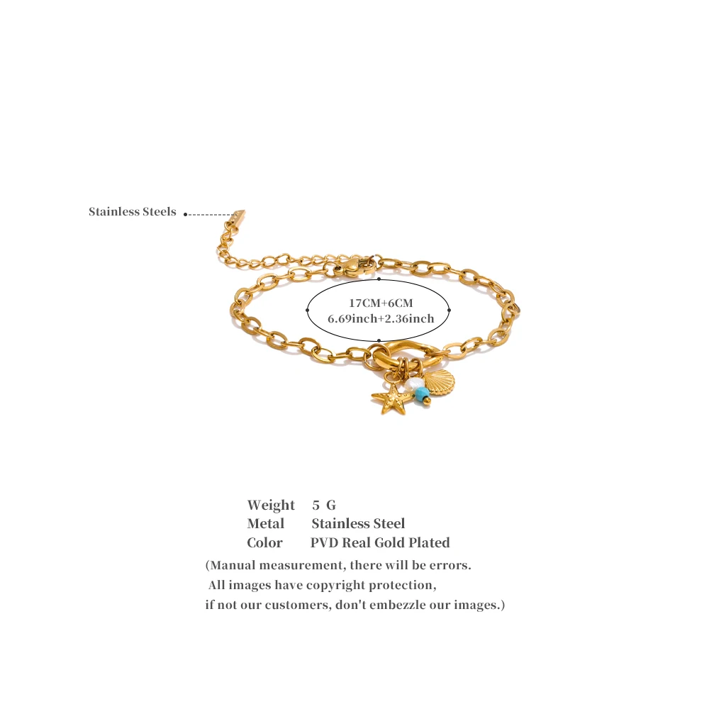 Yhpup Ocean Style Golden Stainless Steel Chain Bracelet Bangle Drop Pearl Turquoise Stone Star Shell 18K Plated Jewelry