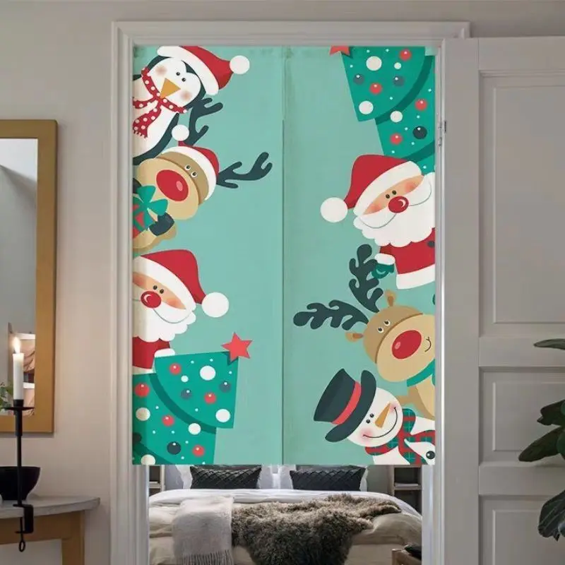 VIKAMA Christmas Merry Xmas Snow Village Door Curtain Red Snowflake House Tree New Year Text Bedroom Living Room Dorm Home Decor