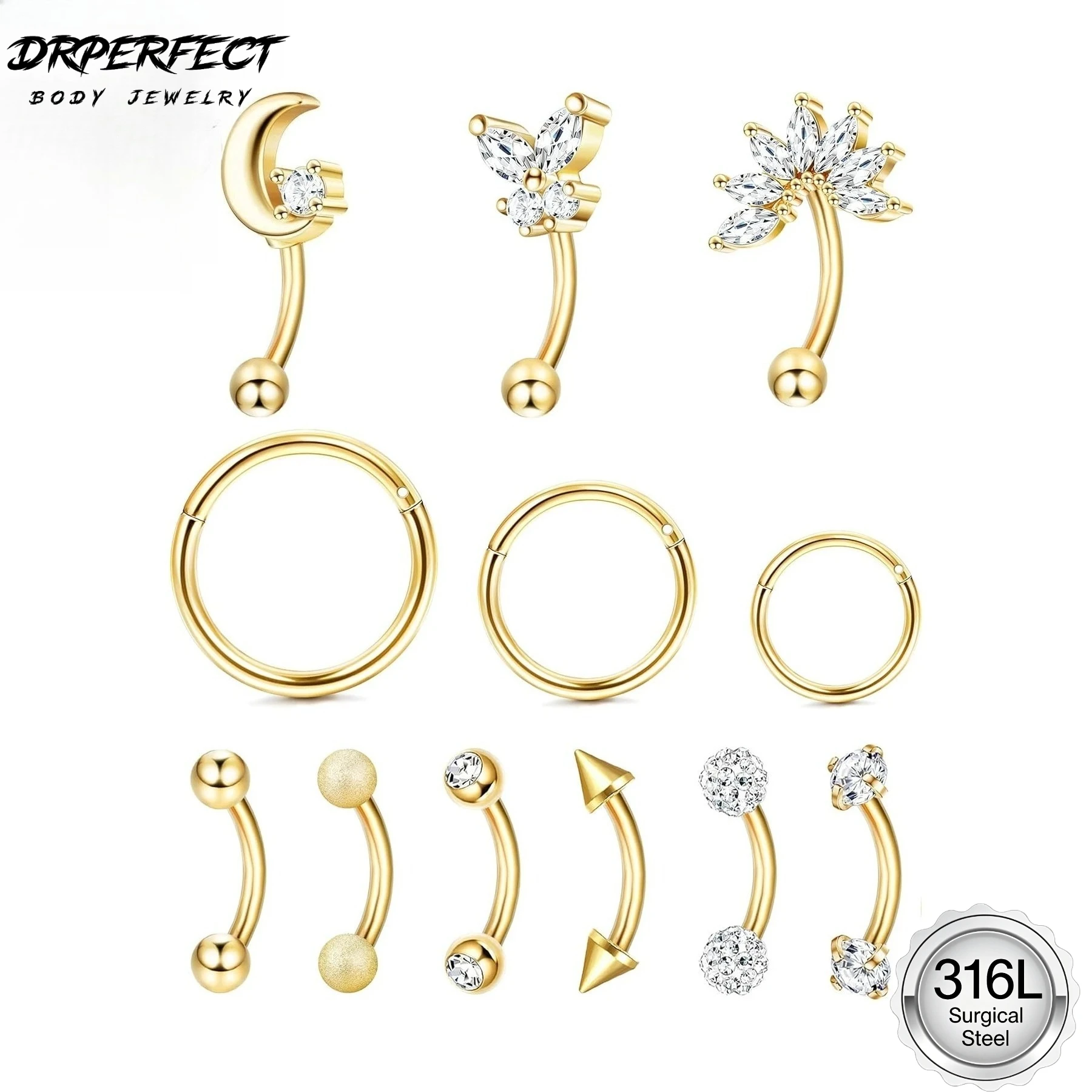 Drperfect 1 Stück 16G Augenbrauenringe Edelstahl Bauch Lippe Knorpel Hoop Rook Daith Ohrringe Tragus CZ Piercing gebogene Langhantel