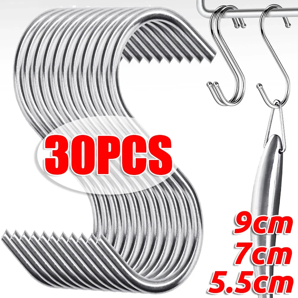 10/30Pack S-Shaped Hooks Stainless Steel Multi-function Hanging Rack for Clothes Towels Kitchen Bathroom Storage Railing Hanger