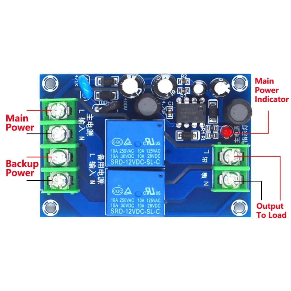 220V 10A 2 Channel Automatic Power Switch Module Dual Input Power-off Switcher Transfer Board Emergency Backup Power Supply