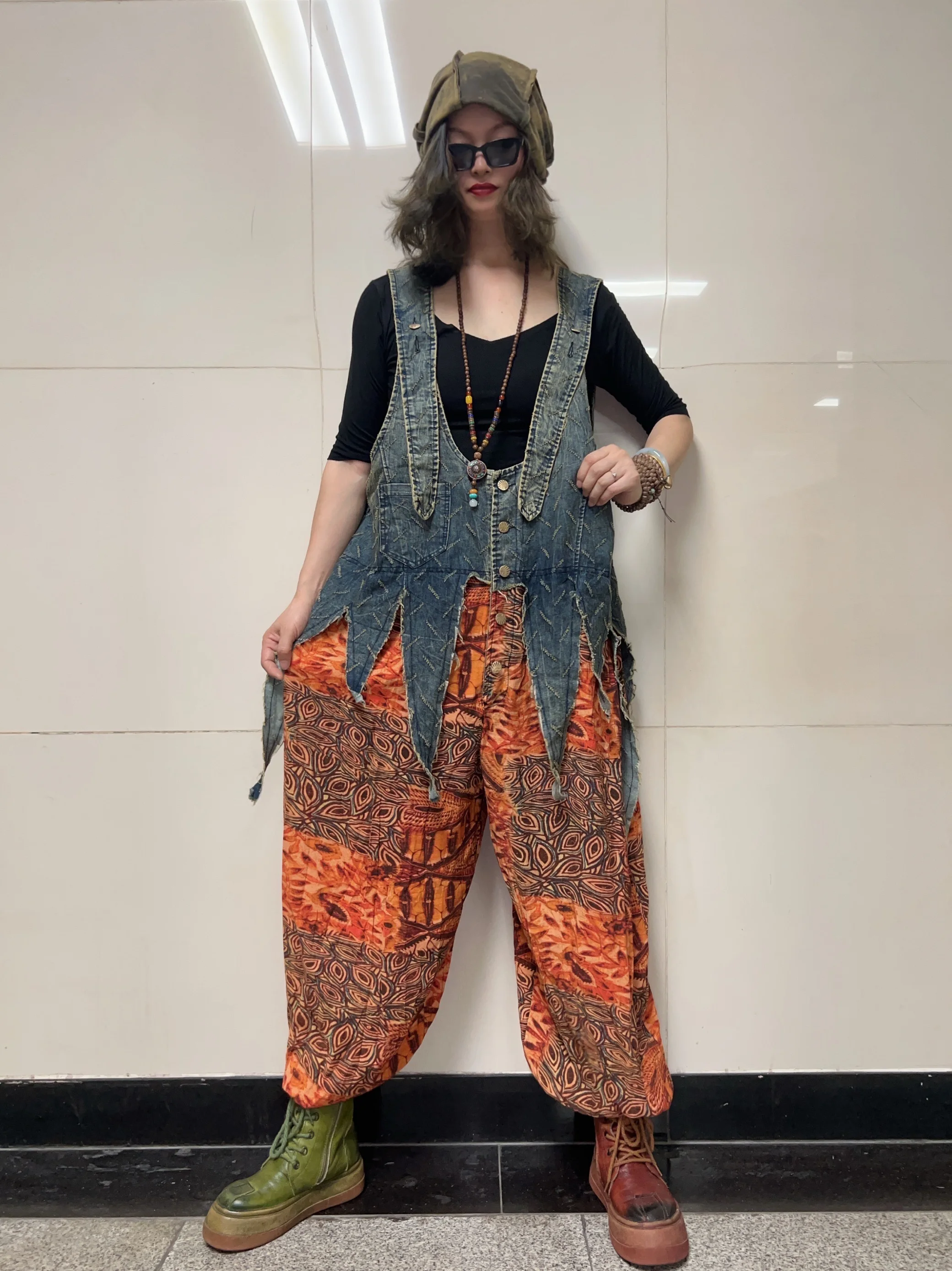 Retro Distressed Denim Harem Pants Women's Summer Outfit High Waist Nine Points Loose One-Piece Overalls Street Style