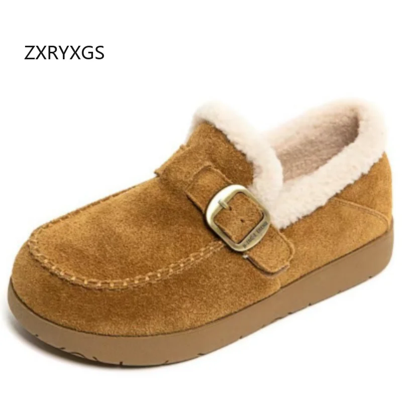 ZXRYXGS 2026 New Matte Cowhide with Velvet Winter Flat Shoes Snow Warm Comfort Genuine Leather Shoes Women Flats Cotton Shoes