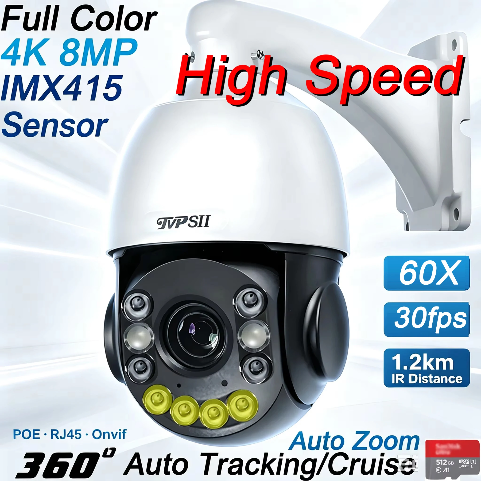 Metall-Laser-Infrarot-Vollfarb-Auto-Tracking-Cruise 30fps 8MP 4K 60X Optischer Zoom 360 °   Rotationsfähige POE PTZ Hochgeschwindigkeits-Dome-Überwachungs-IP-Kamera