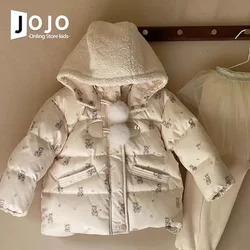 2-10Y Girls Thicken Parkas Kids Plus Velvet Coat Winter Children Padded Warm Jackets Baby Hooded Clothing Infant Print Outerwear