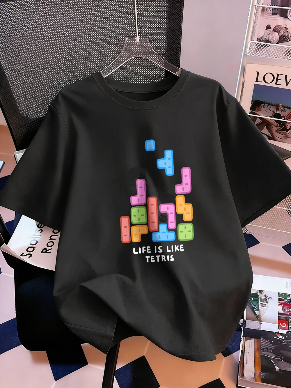 Life Is Like Tetris Printing T-Shirts Womens Cotton Summer Short Sleeve T Shirt Loose Soft O-Neck Tops Casual Womans Clothes
