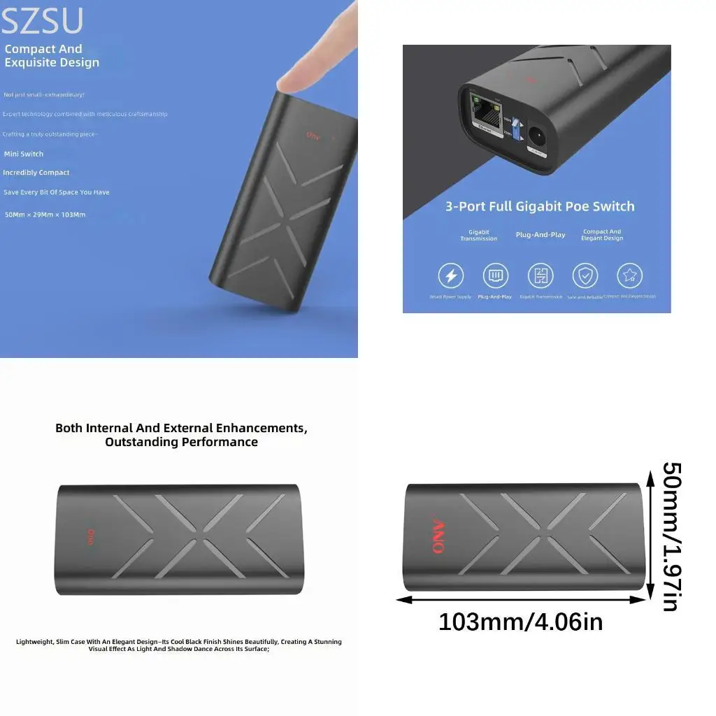 

SZSU Gigabit POE Extenders Metal 2 1000M PoE Port 1 1000M Uplink RJ45 Port For Data Transfer