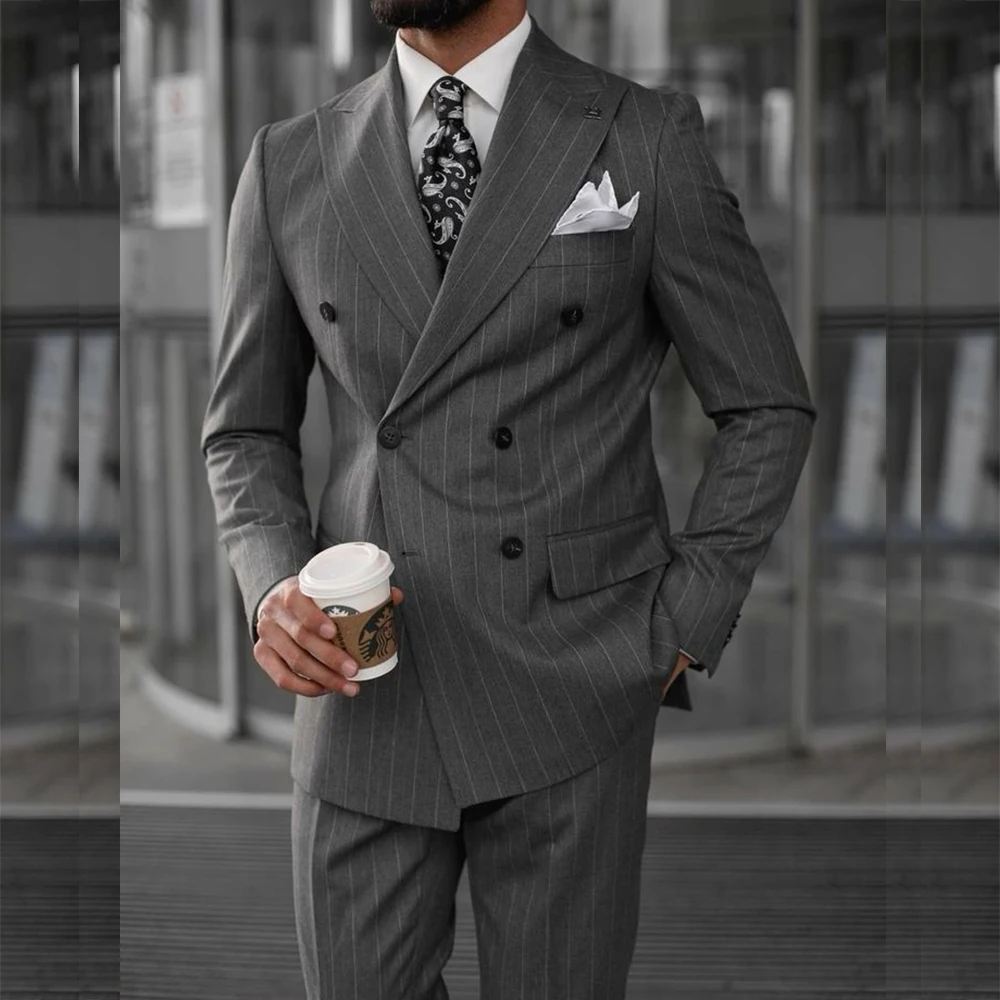 

Elegant Grey Stripes Men's Suits 2 Pieces Jacket Pant Sets High Quality Double Breasted Peak Lapel Male Business Clothing Homme