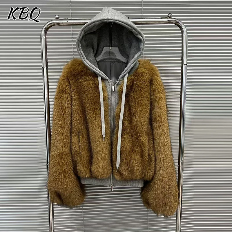 

KBQ однотонные свободные куртки с перьями для женщин с капюшоном и длинными рукавами в стиле пэчворк на молнии, минималистичное шикарное пальто, женская мода, новинка