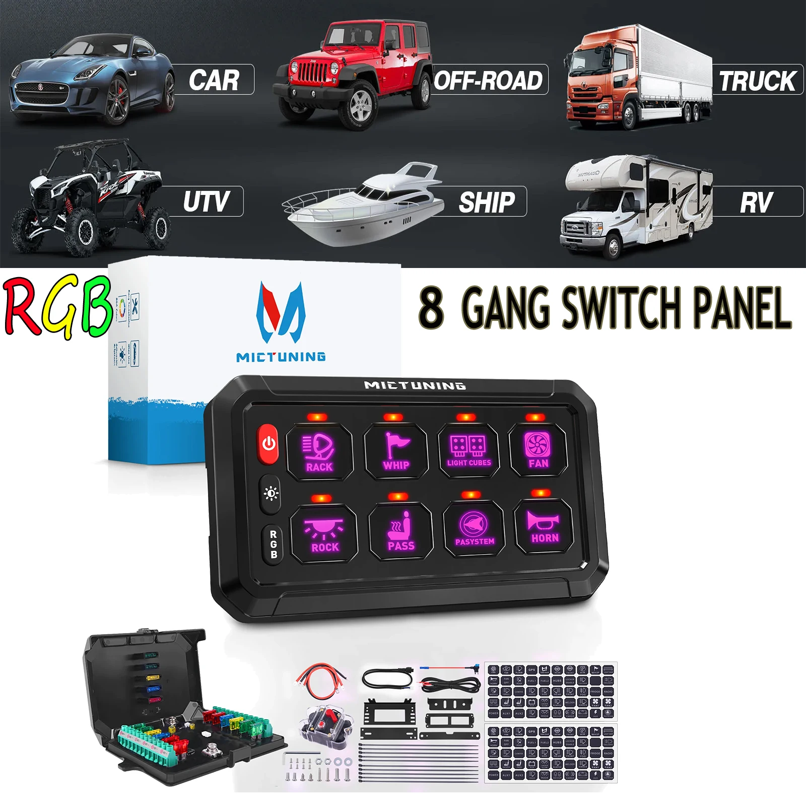 

P1S RGB 8 Gangs Switch Panel 12V 24V Universal LED ON-Off with Circuit Control Relay System for 12V DC Marine Car Truck Off-road