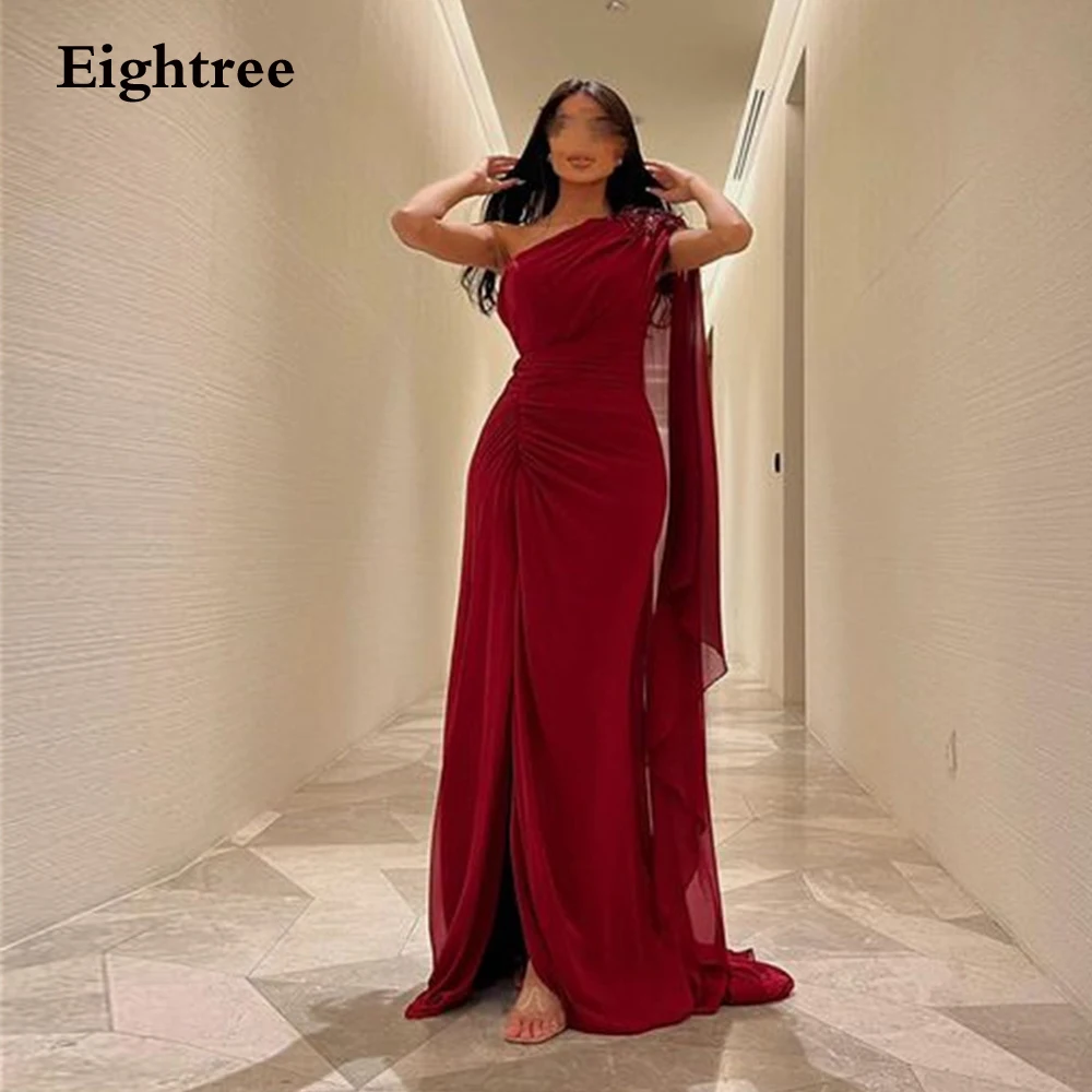 

Eightree Burgundy Modern Evening Dresses Chiffion Beadings One Shoulder Mermaid Long Abendkleider Dubai Formal Occasion Dress