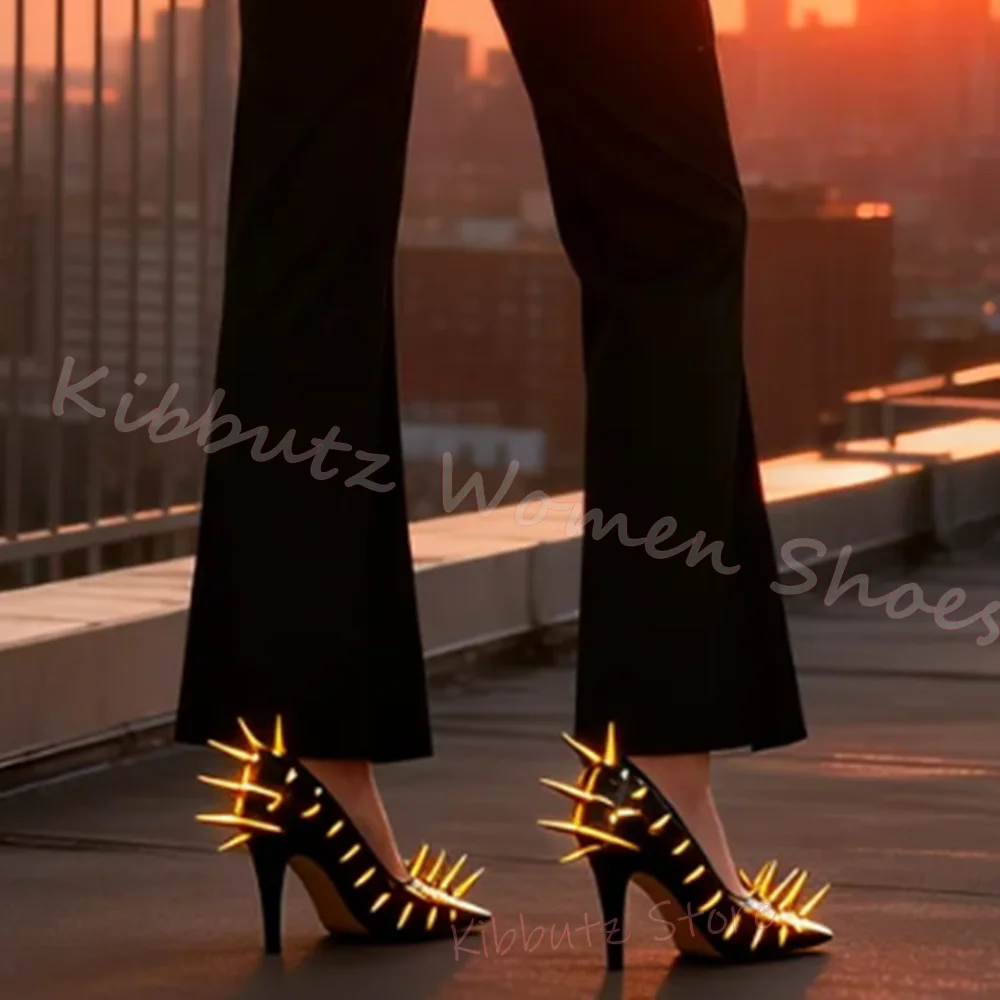 

Новые женские туфли-лодочки на шпильке с заклепками, острый носок, кожаные, на высоком каблуке, для вечеринок и клубов, сексуальные, в стиле панк-рок, элегантные, без застежек