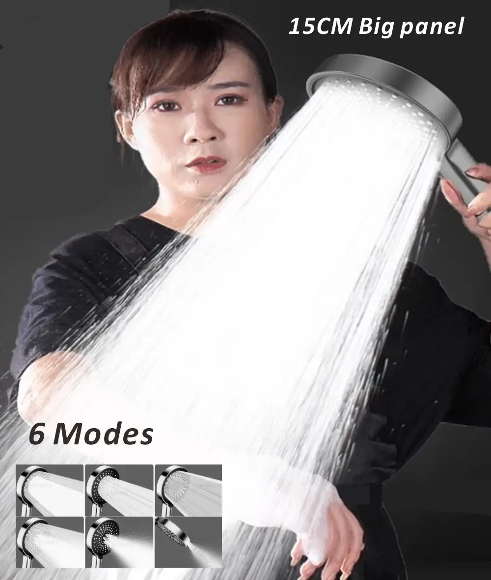 New 15CM Big Panel High Pressure Shower Head 6 Modes Large Flow Shower with Hose Water Saving Spray Nozzle Bathroom Accessories