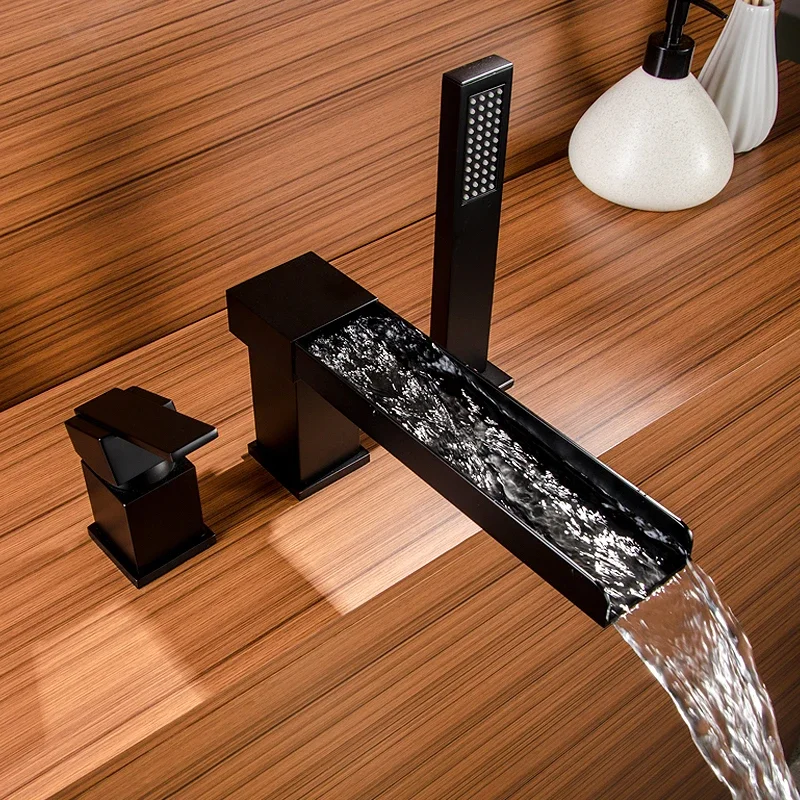 Full copper bathroom bathtub waterfall faucet cylinder edge split gold four-piece set black hot and cold water shower set