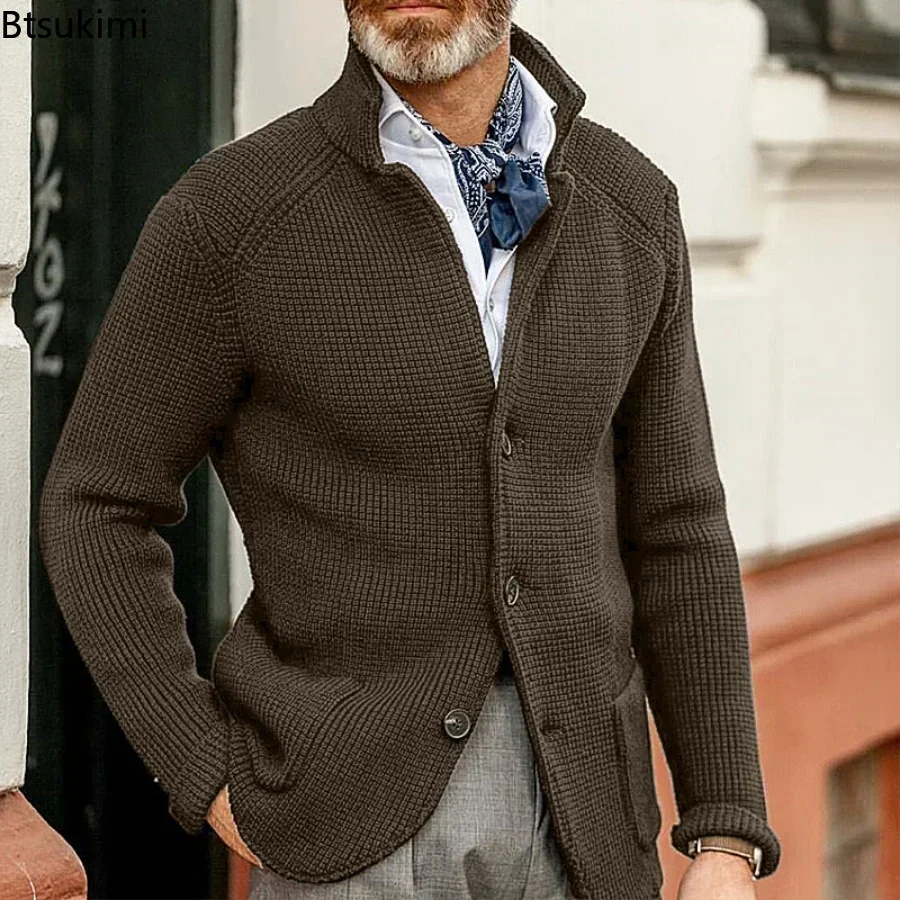 2025 Men's Elegant Casual Knitted Sweater Coats Solid Long Sleeve Stand Collar Buttons Cardigan Jackets Male Thick Warm Sweaters