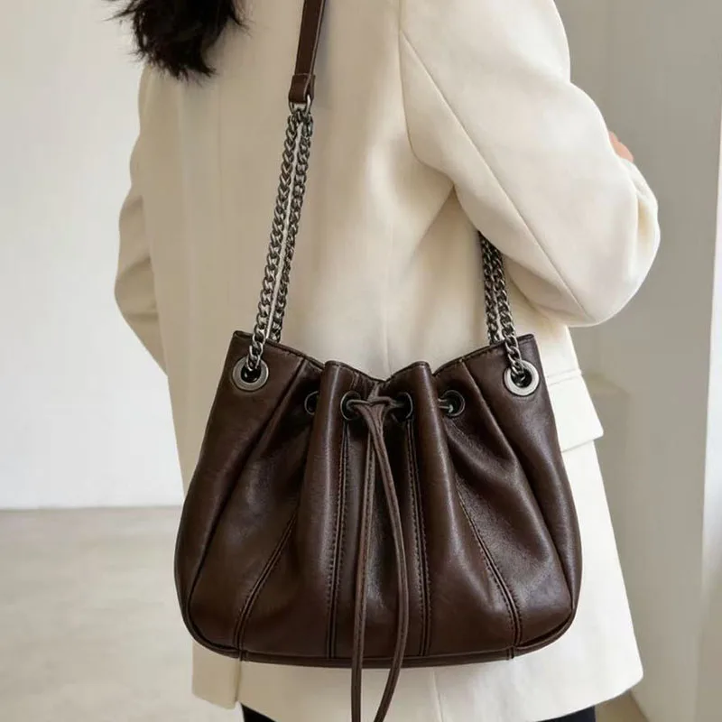 Fashion Drawstring Bucket Bag Luxury Quilting Shoulder Bags for Women Handbags Soft PU Leather Women's Bag NEW Chains Sling Bags