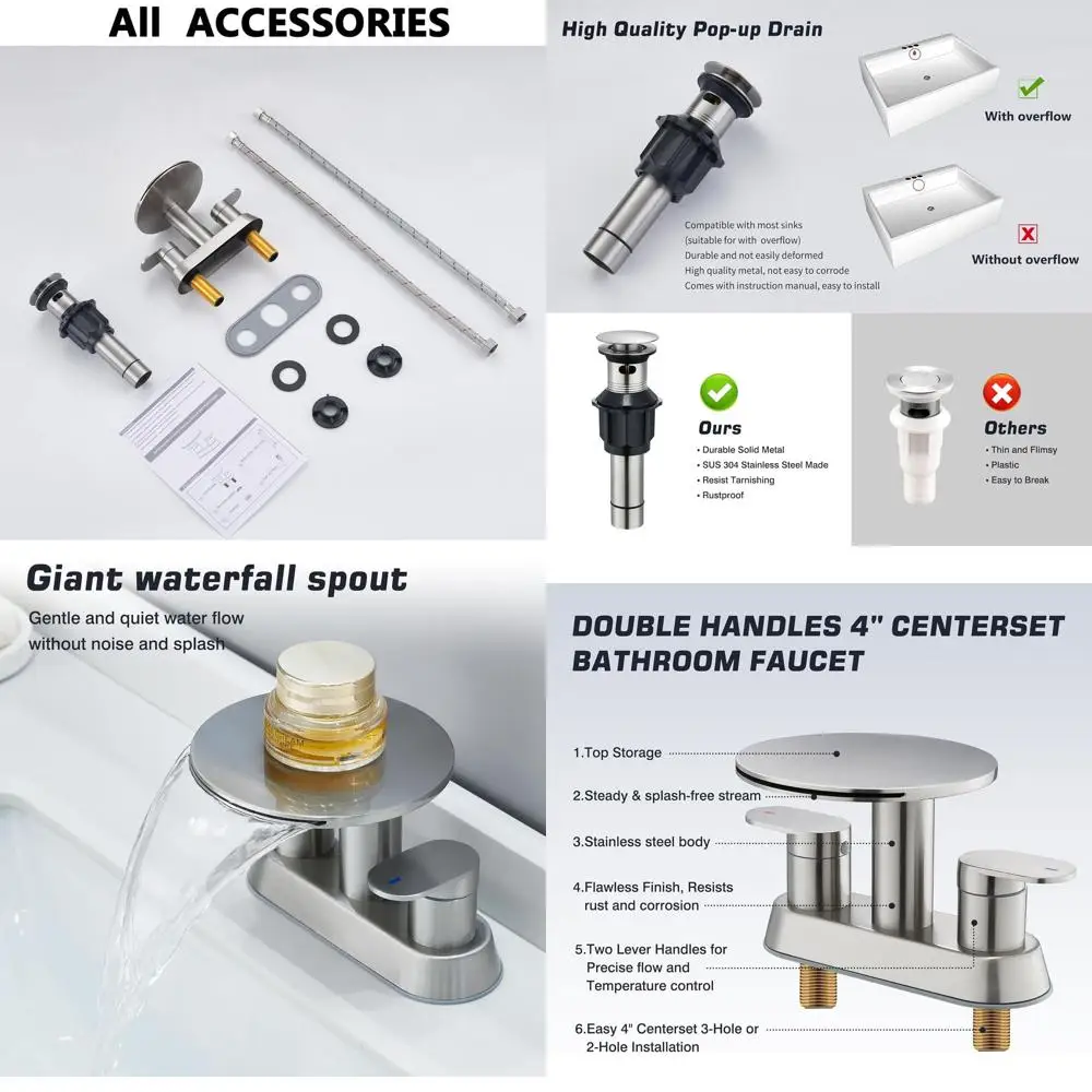

3-Hole Brushed Nickel Waterfall Bathroom Sink Faucet with 2 Handles, 4 Centerset Modern Vanity Faucet and Metal Pop-Up Drain