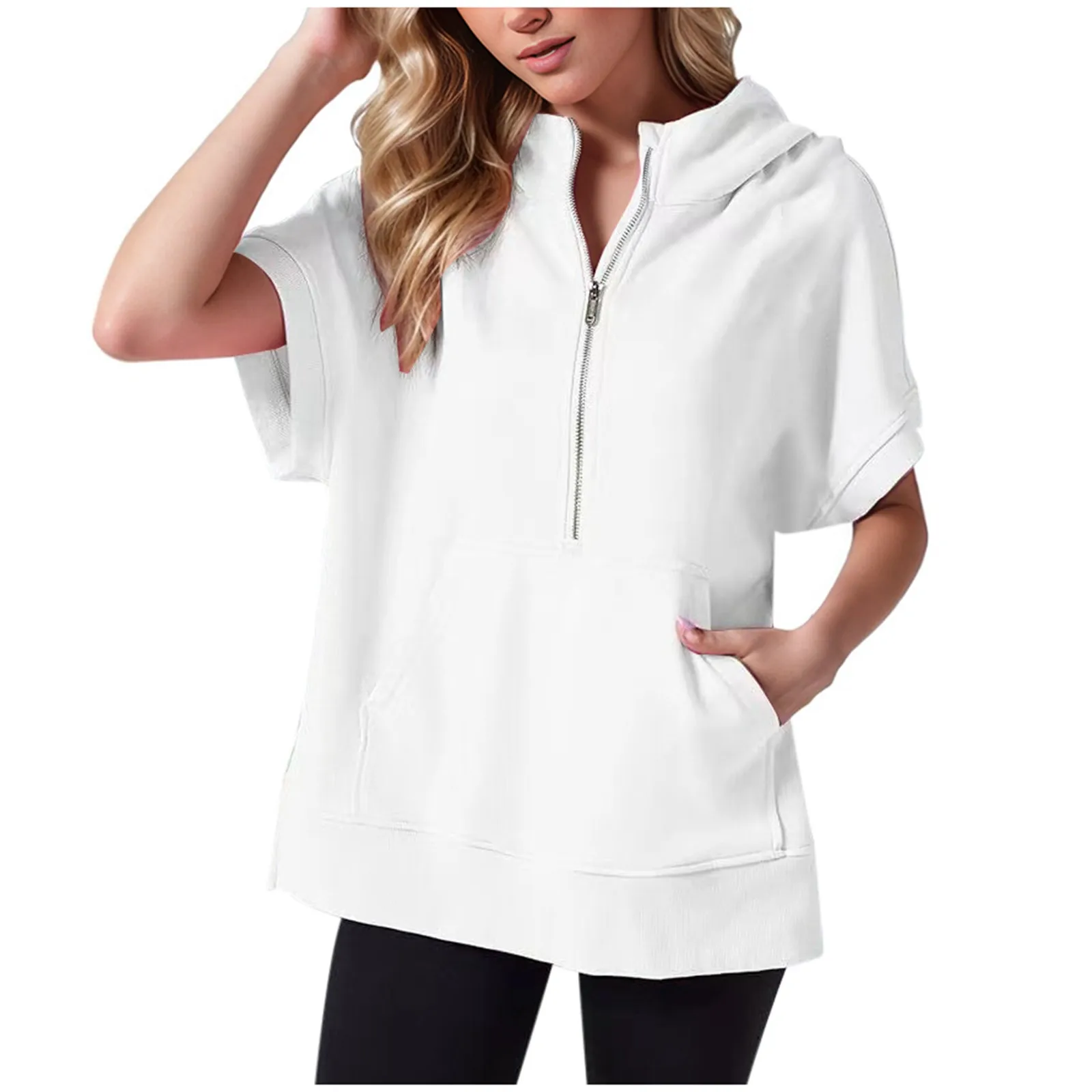 Women\'S Fashion Casual Solid Zipper Hooded Pocket Short Sleeved Hoodie Cute Zip Up Hoodie T-Shirt Sports Streetwear Summer