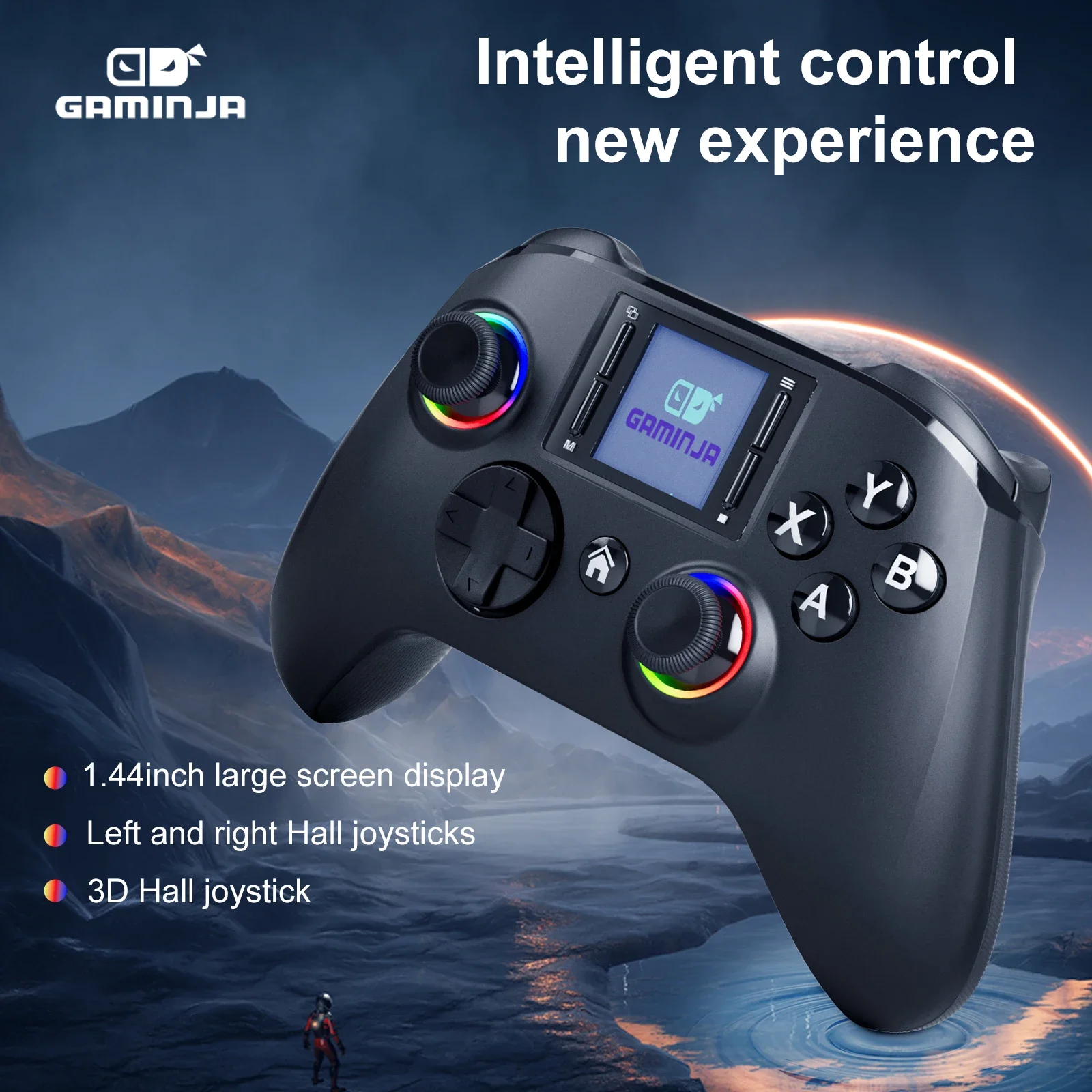 GAMINJA 6162  1.44inch Smart Screen Wireless Controller For Switch P4 iOS Android PC TV Dual Hall Joystick Calibration RGB Light