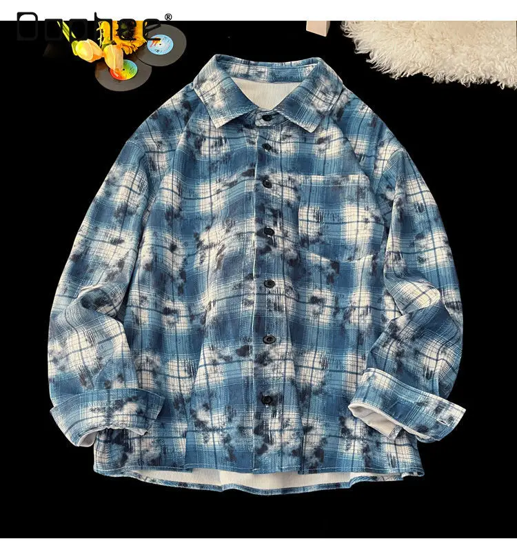 

2025 весенне-осенняя черная клетчатая мужская рубашка с длинным рукавом с градиентом тай-дай, свободная повседневная синяя рубашка в американском стиле