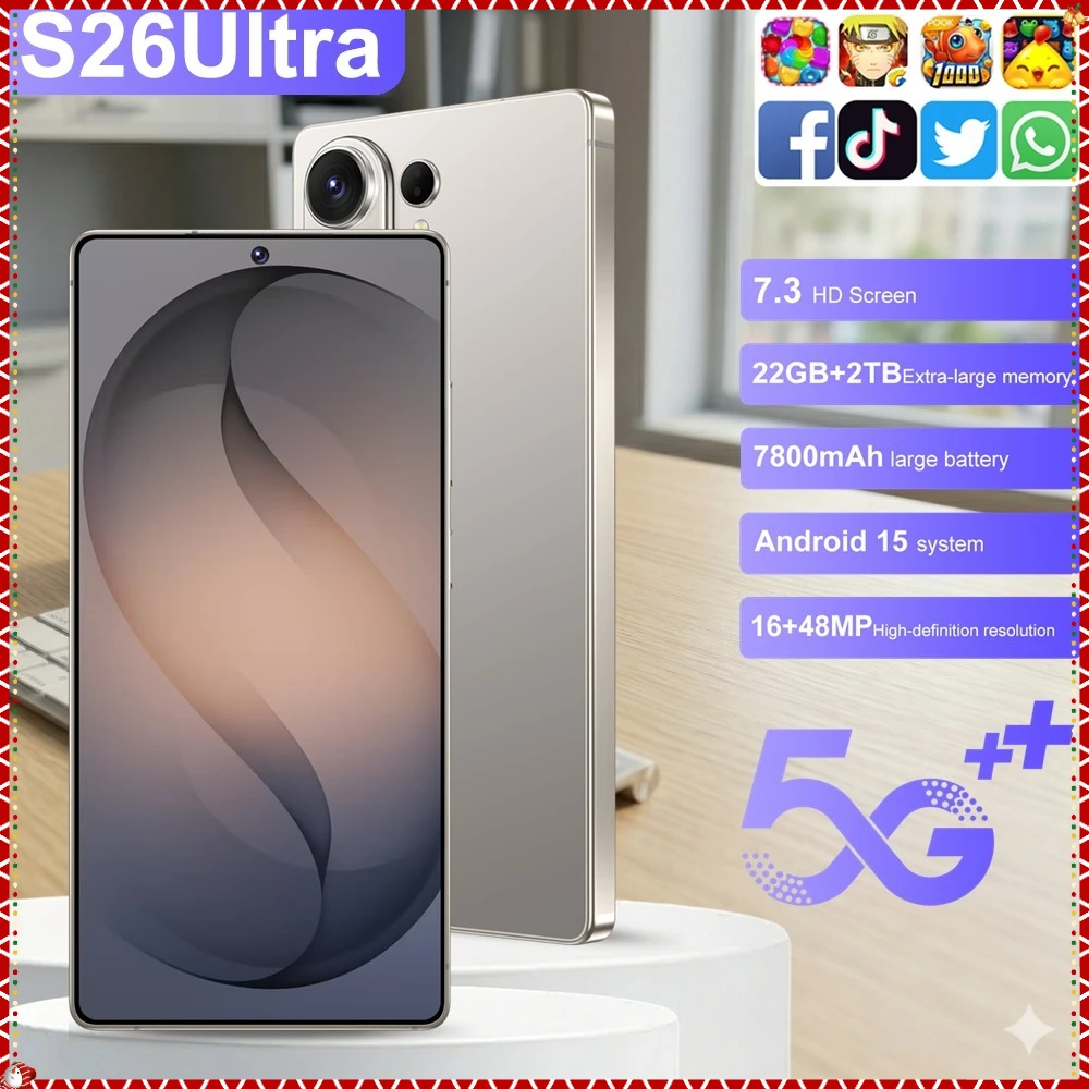 Nouveaux téléphones mobiles pour smartphone S26 Ultra Android 5G 7.3HD, téléphone portable 22G+2TB 7800mAh débloqué double SIM Wi-Fi version globale