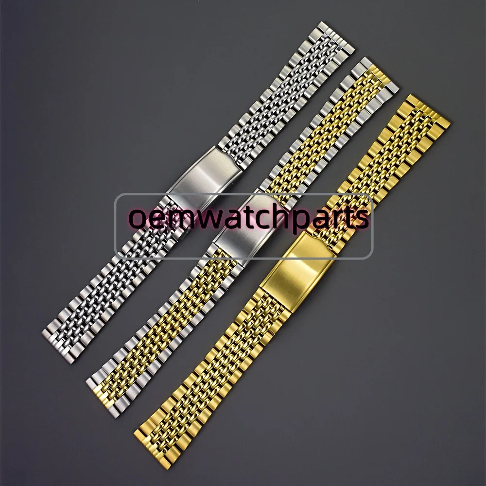 Bracelet de montre plat en acier inoxydable 316L, 2 tons d'or, 18mm, 19m, 20mm, perles de riz Vintage, adapté à toutes les montres