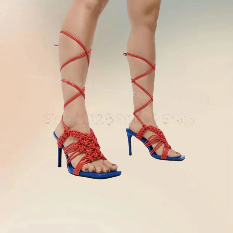 

Red Blue Knitted Design Open Toe Twine Sandals Lace Up Women Shoes Thin High Heels Fashion Party Feast 2024 Zapatos Para Mujere