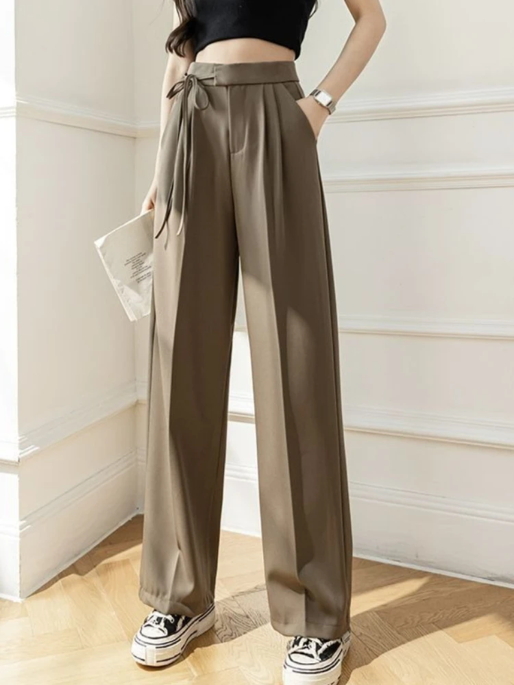 High Waist Casual Wide Leg Pants Women 2026 Summer Straight Frenulum Suit Pants for Women Solid Color Versatile Pants Women