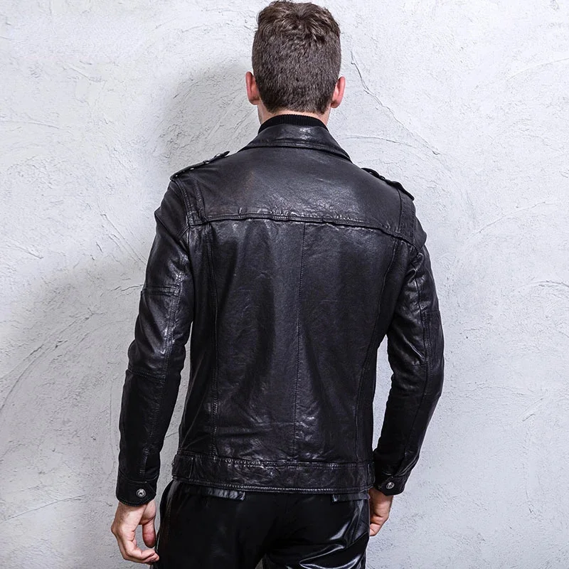 New Spring and Autumn Real Sheepskin Motorcycle Coat Trendy Handsome Black Windproof Genuine Leather Jacket Mens Clothing