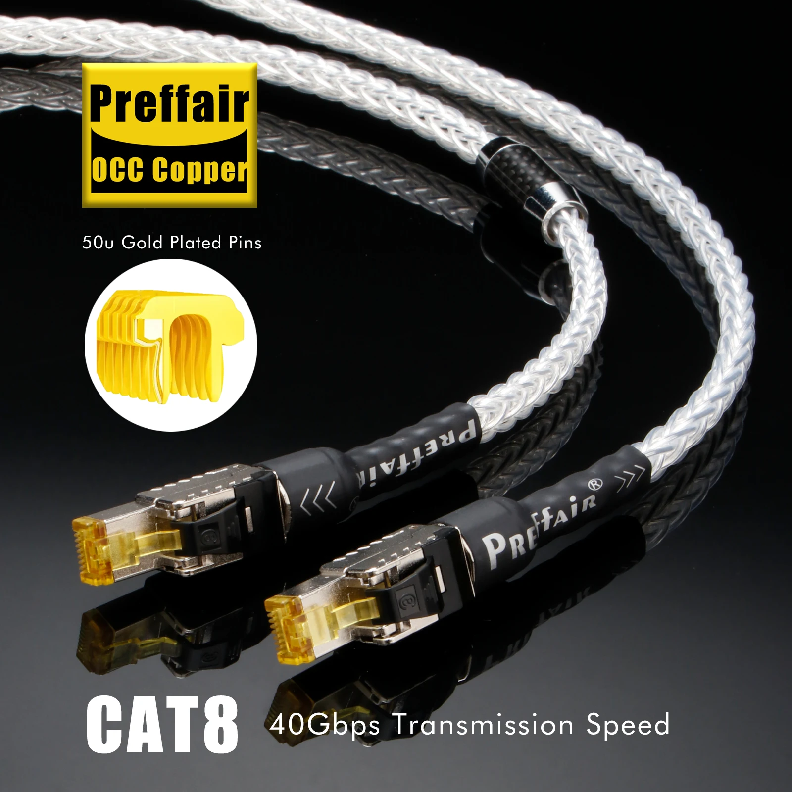 Cat8 Ethernet Patch Cord High Speed RJ45 Network Cable OCC Silver Plated 40Gbps Laptop Router Internet LAN Cable