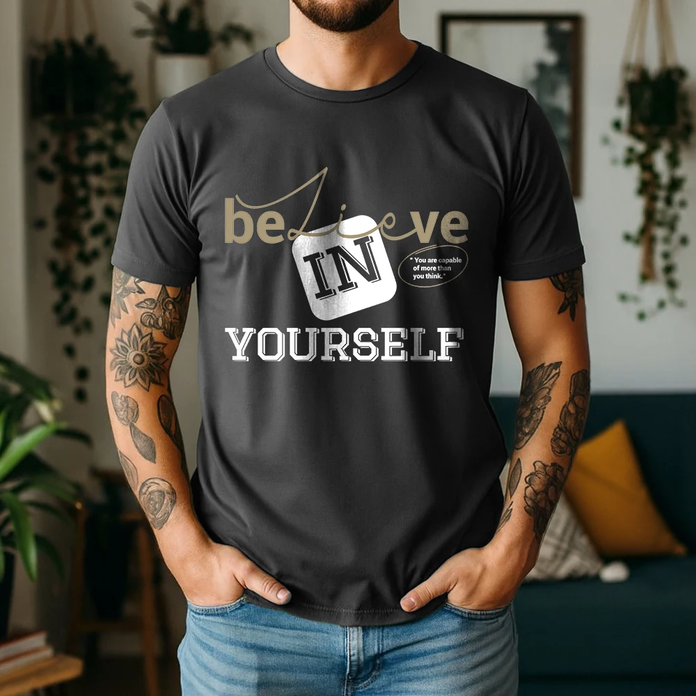 Mens 100% Cotton Short Sleeve T Shirt Believe Yourself Inspirational Quote Graphic Print Breathable Casual Summer Daily Tees
